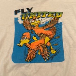 Vintage 1970s Single-Stitch RoAcH "Fly United" Ducks Graphic Ringer T-Shirt.